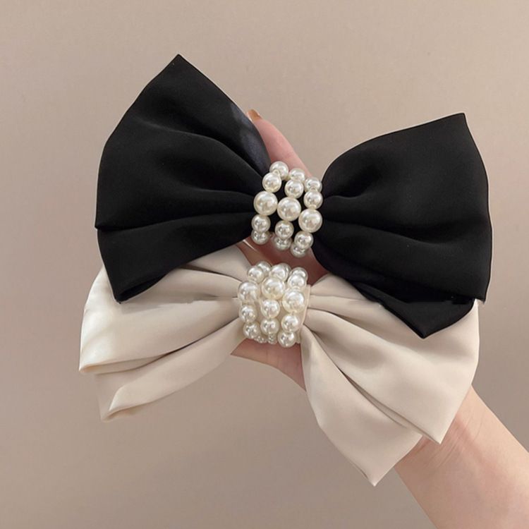 Korean Fashion Satin Big Bow Hairpin Elegant Lady Cream Pearl Top Clip Spring Clip Back Head Hairpin
