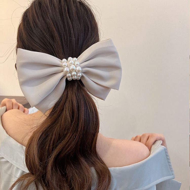 Korean Fashion Satin Big Bow Hairpin Elegant Lady Cream Pearl Top Clip Spring Clip Back Head Hairpin