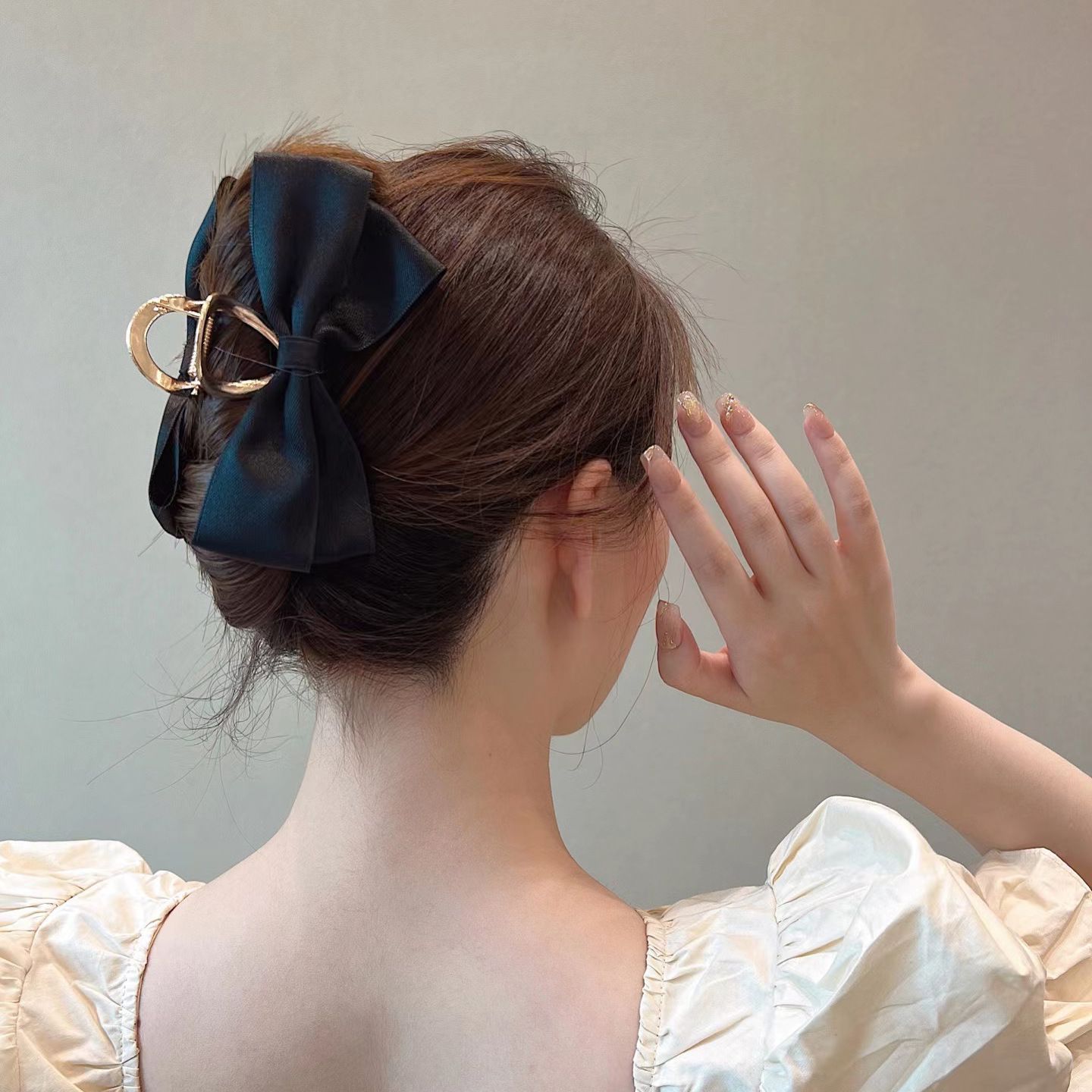 Simple Elegant Angel Satin khaki Bow Hair Grab Clip Hair Clip Shark Clip Back Head Plate Hair Claw