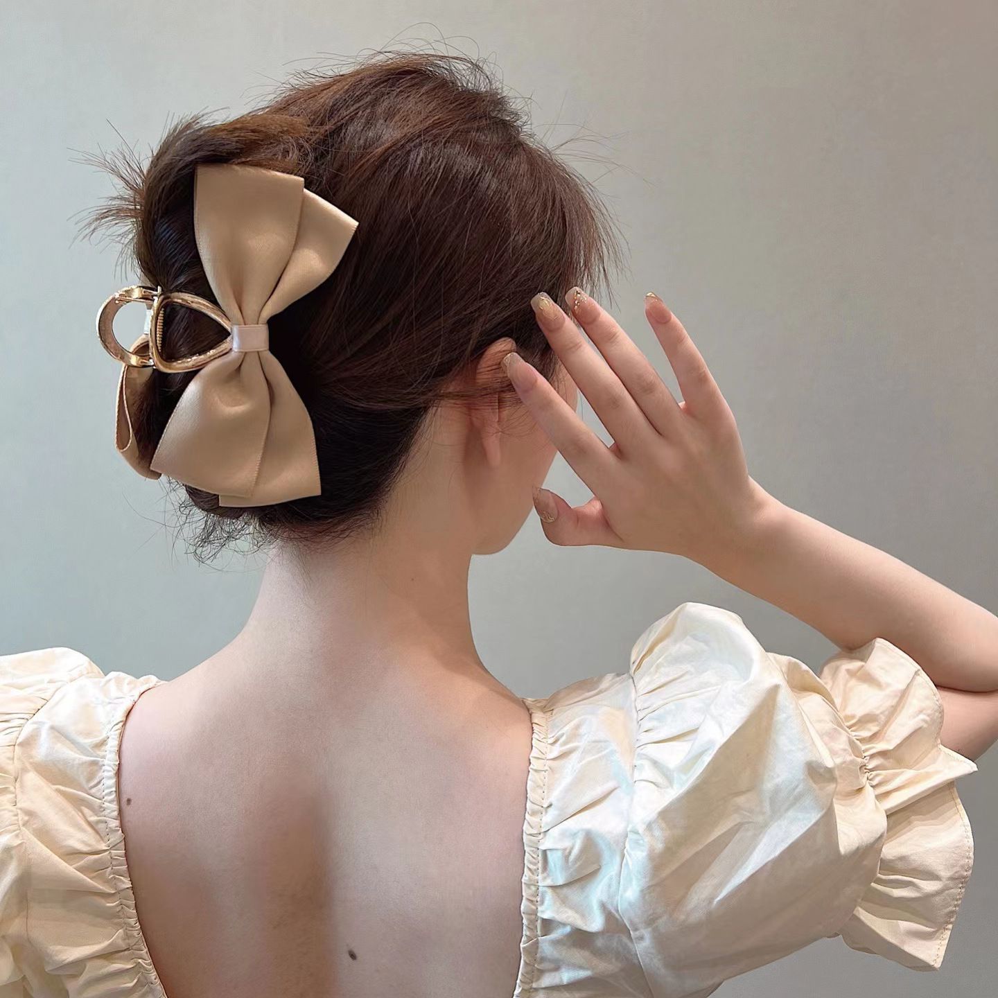 Simple Elegant Angel Satin khaki Bow Hair Grab Clip Hair Clip Shark Clip Back Head Plate Hair Claw