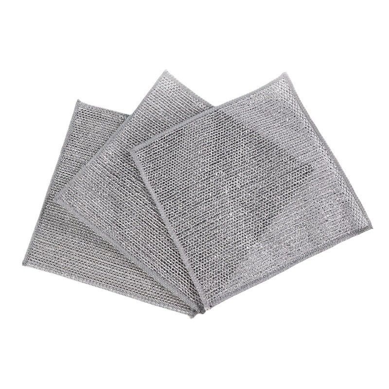 10PCS Double-layer Silver Wire Rag Kitchen Non-stick Oil Scouring Pad Wire Nylon Mesh Cleaning Cloth Steel Wire Ball Dishwashing Cloth