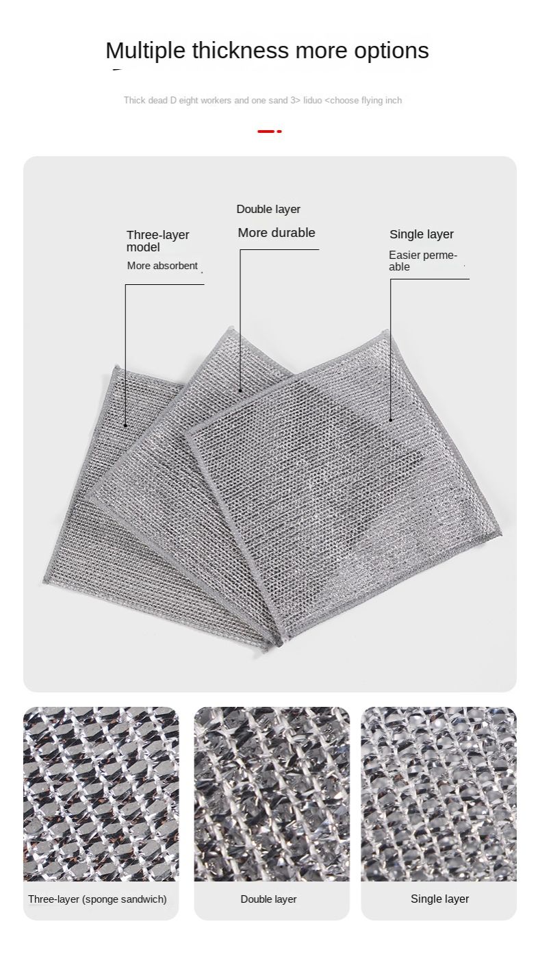 10PCS Double-layer Silver Wire Rag Kitchen Non-stick Oil Scouring Pad Wire Nylon Mesh Cleaning Cloth Steel Wire Ball Dishwashing Cloth