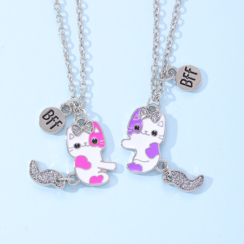 Children's Jewelry Cute Cat BFF Good Friend Necklace Sweet Oil Dropping Kitten Necklace 1SET
