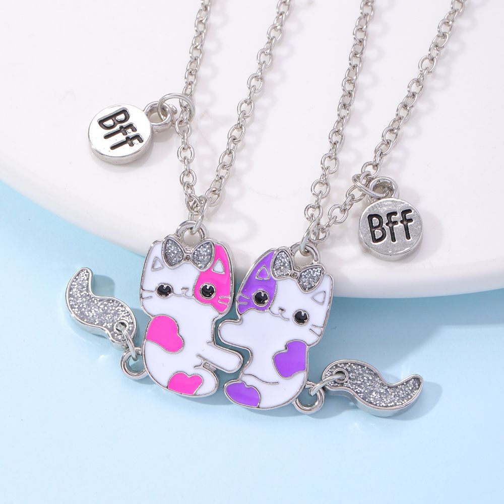 Children's Jewelry Cute Cat BFF Good Friend Necklace Sweet Oil Dropping Kitten Necklace 1SET