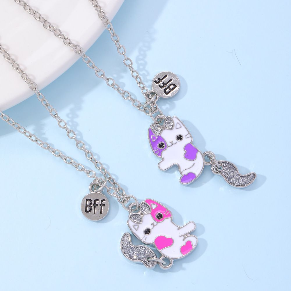 Children's Jewelry Cute Cat BFF Good Friend Necklace Sweet Oil Dropping Kitten Necklace 1SET