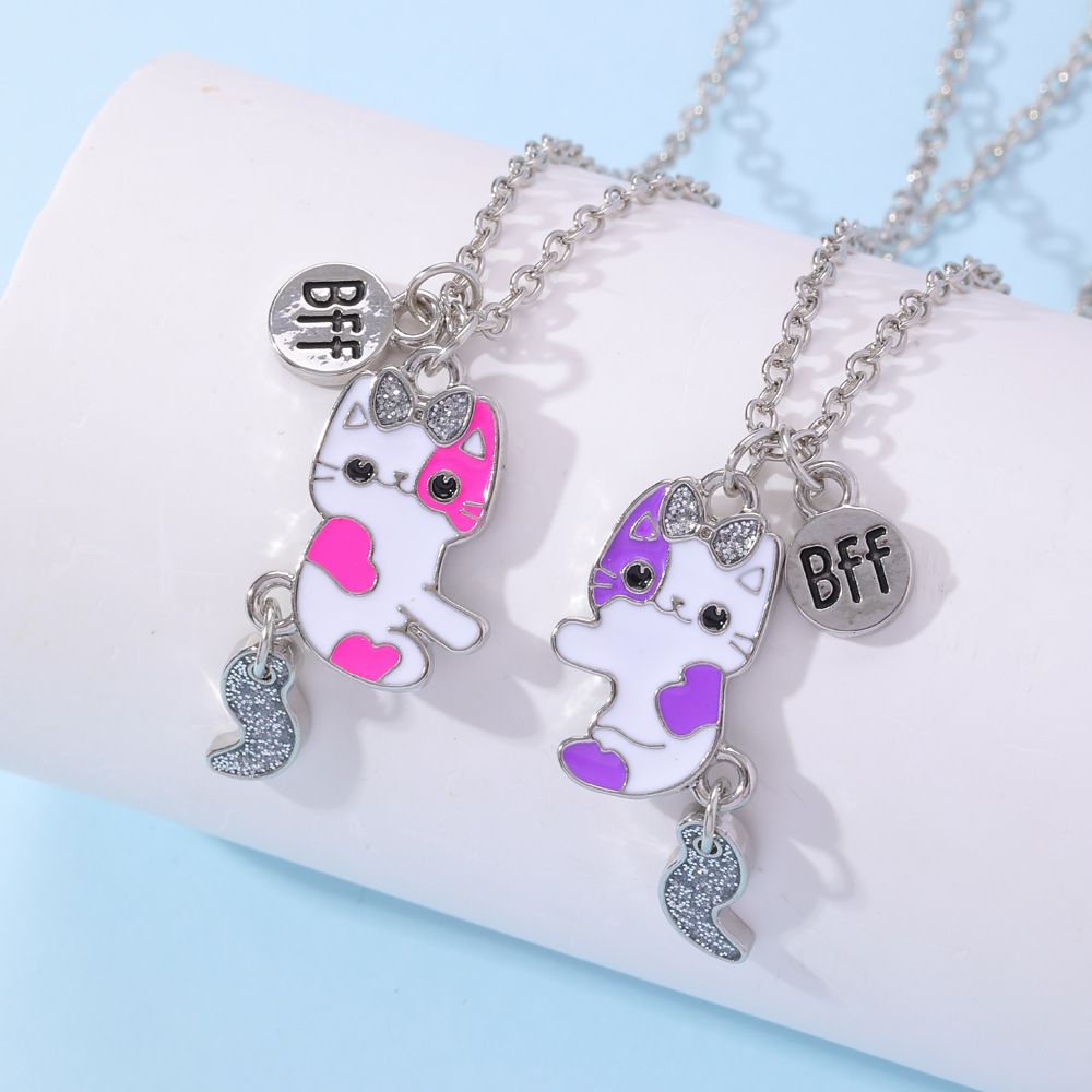 Children's Jewelry Cute Cat BFF Good Friend Necklace Sweet Oil Dropping Kitten Necklace 1SET