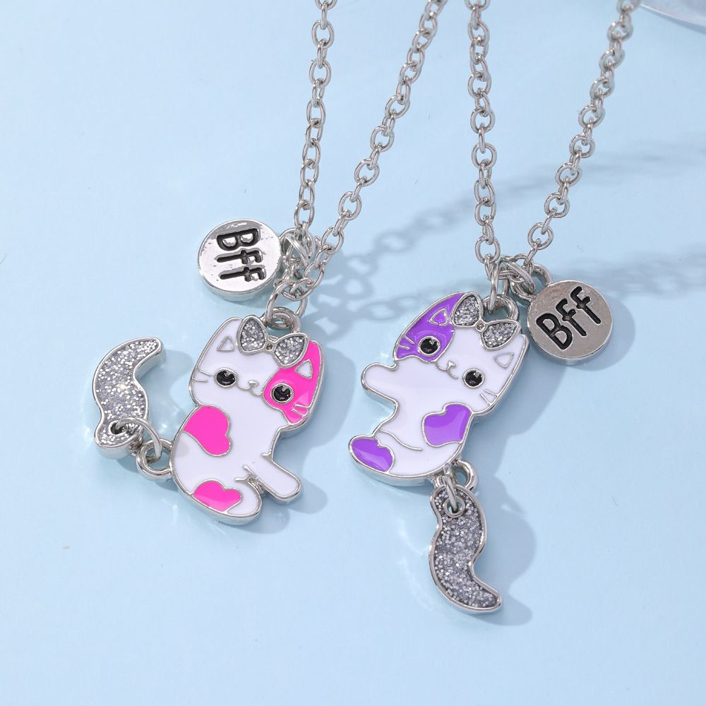 Children's Jewelry Cute Cat BFF Good Friend Necklace Sweet Oil Dropping Kitten Necklace 1SET