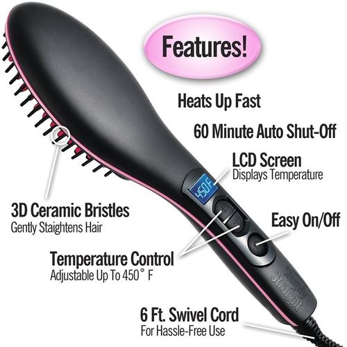 Hot Comb Blowdry Hair Straightener Brush Electric Hand Hair Blow Dryer Black. 
Heats up fast 
2. 60minute Auto shut- off 
3. LCD Screen Display Temperature
4. 3D Ceramic Bristles Gently Straightens Ha
