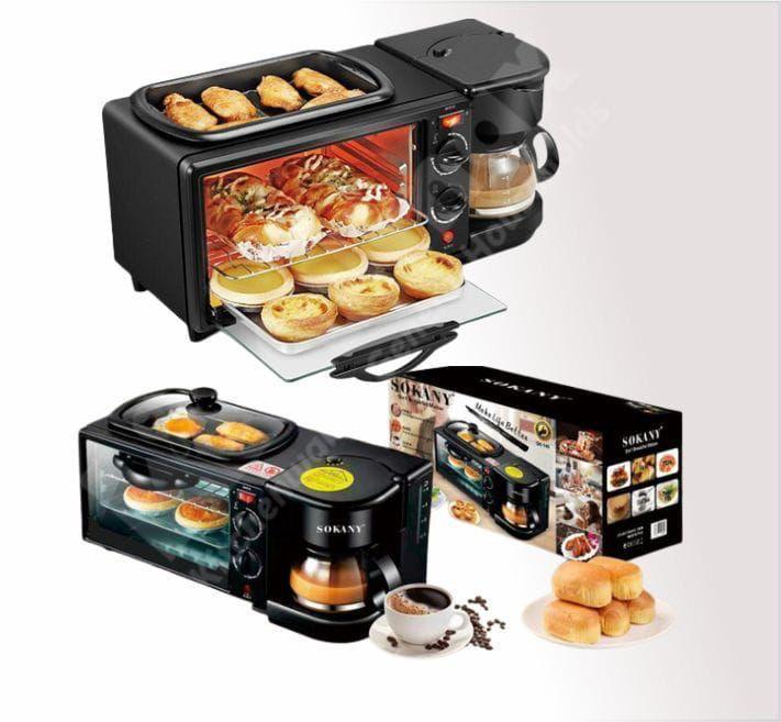 Sokany 3 IN 1 BREAKFAST MAKER ;COFFEE MAKER,OVEN & TOSTER. 
3-In-1: This versatile breakfast station covers your entire morning breakfast, allowing you to make your Coffee, toast and eggs all at once