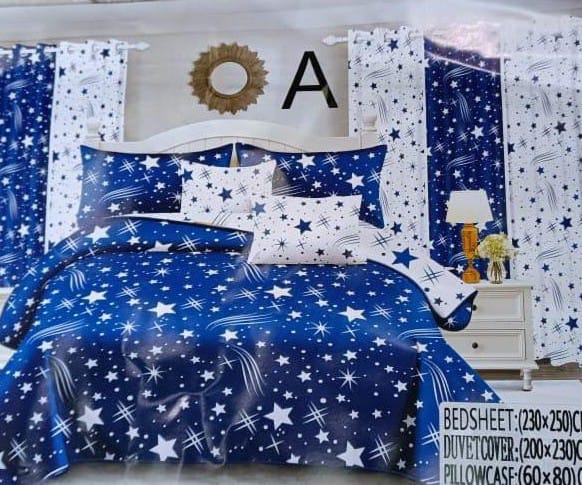 Duvet cover with matching curtains .The set contains a duvet cover, 1 flat bed sheet,  two curtains and 2 Pillowcases. The material is soft, durable and luxurious to sleep on. You also get to enjoy a