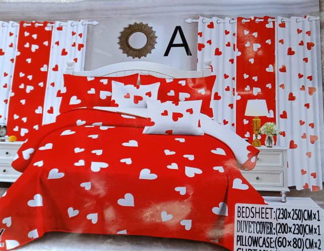 Duvet cover with matching curtains .The set contains a duvet cover, 1 flat bed sheet,  two curtains and 2 Pillowcases. The material is soft, durable and luxurious to sleep on. You also get to enjoy a