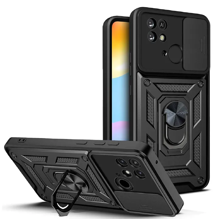 Xiaomi Redmi 10C Phone Case with Sliding Camera Cover,Heavy Duty Rugged Military Grade Shockproof Built-in 360° Magnetic Stand Holder