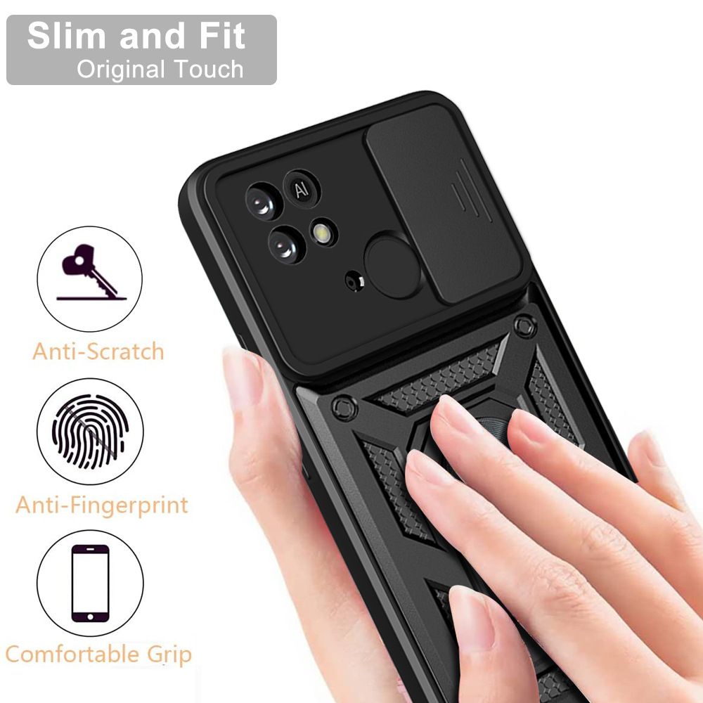 Xiaomi Redmi 10C Phone Case with Sliding Camera Cover,Heavy Duty Rugged Military Grade Shockproof Built-in 360° Magnetic Stand Holder