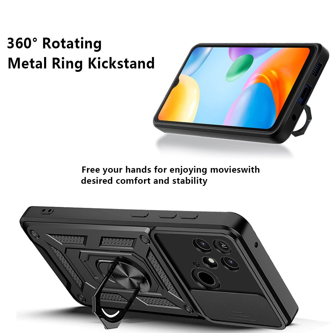 Xiaomi Redmi 10C Phone Case with Sliding Camera Cover,Heavy Duty Rugged Military Grade Shockproof Built-in 360° Magnetic Stand Holder