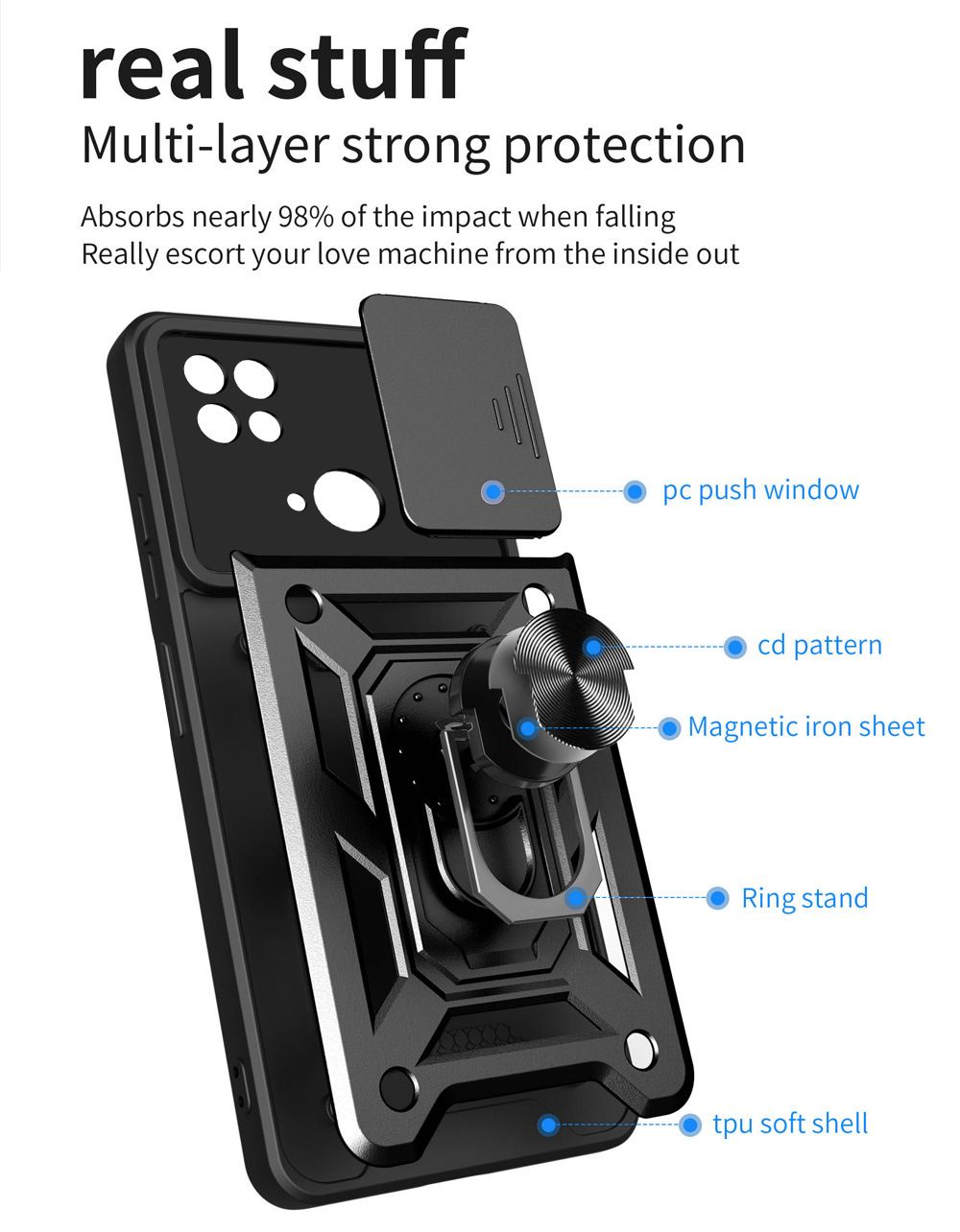 Xiaomi Redmi 10C Phone Case with Sliding Camera Cover,Heavy Duty Rugged Military Grade Shockproof Built-in 360° Magnetic Stand Holder