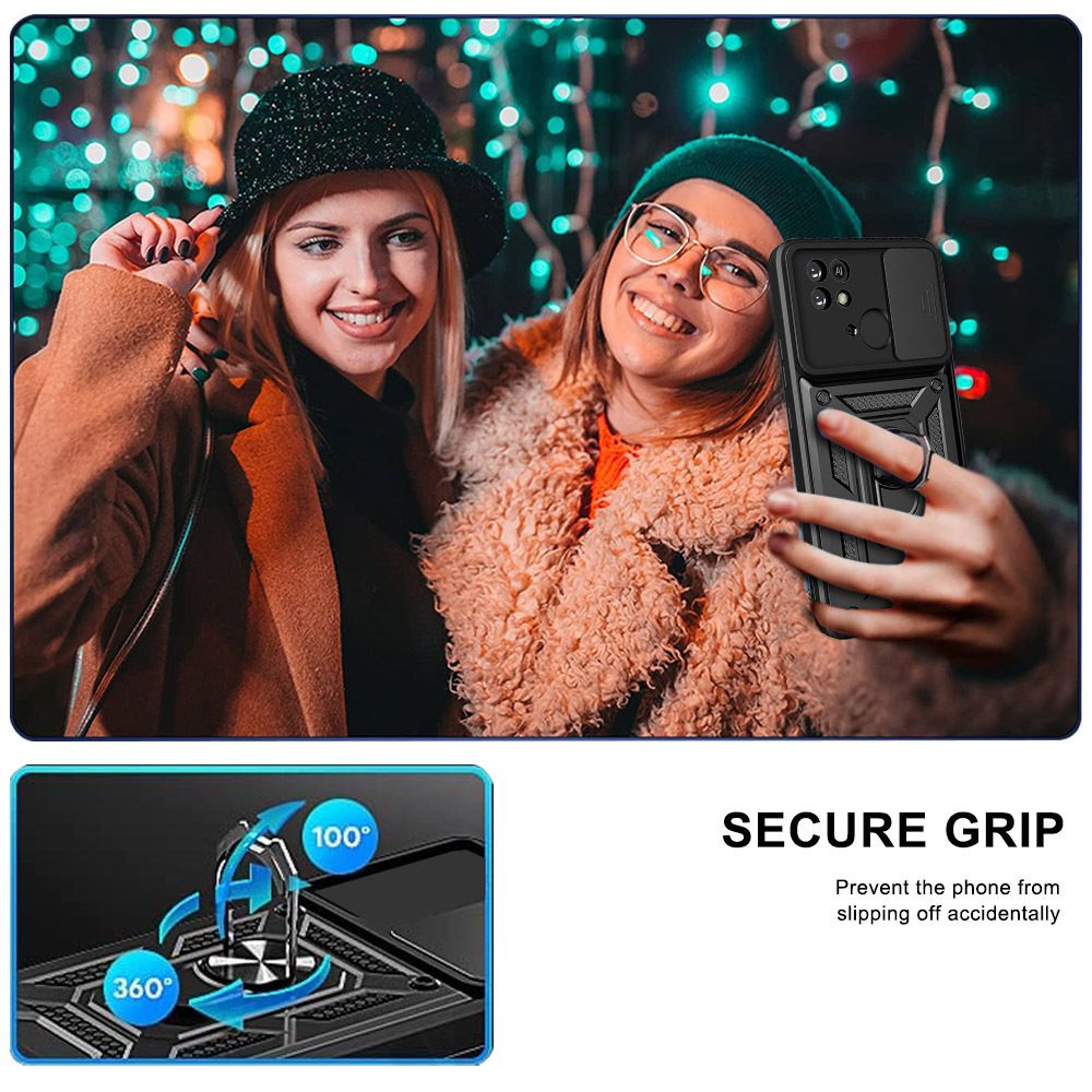 Xiaomi Redmi 10C Phone Case with Sliding Camera Cover,Heavy Duty Rugged Military Grade Shockproof Built-in 360° Magnetic Stand Holder