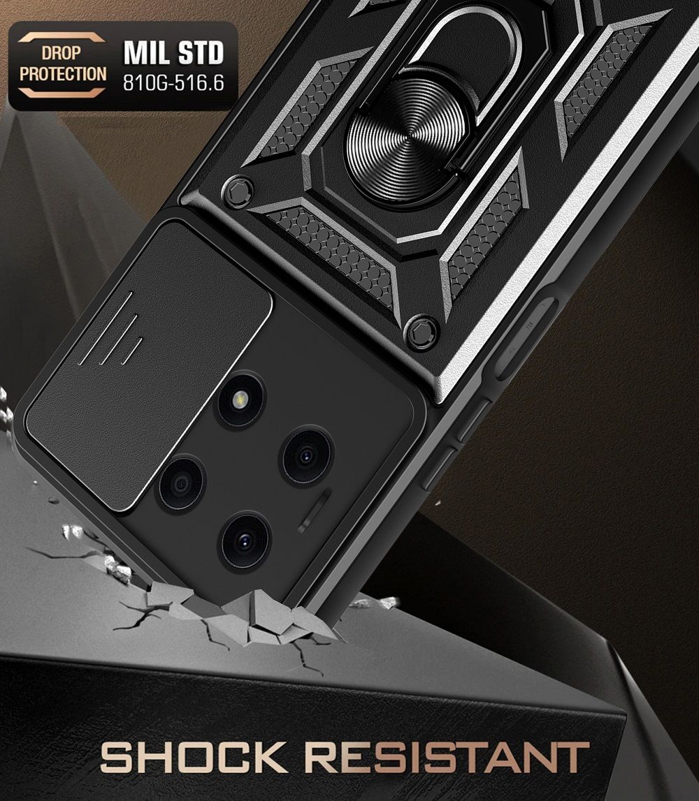 Xiaomi Redmi Note 13 4G, Phone Case with Sliding Camera Cover,Heavy Duty Rugged Military Grade Shockproof Built-in 360° Magnetic Stand Holder