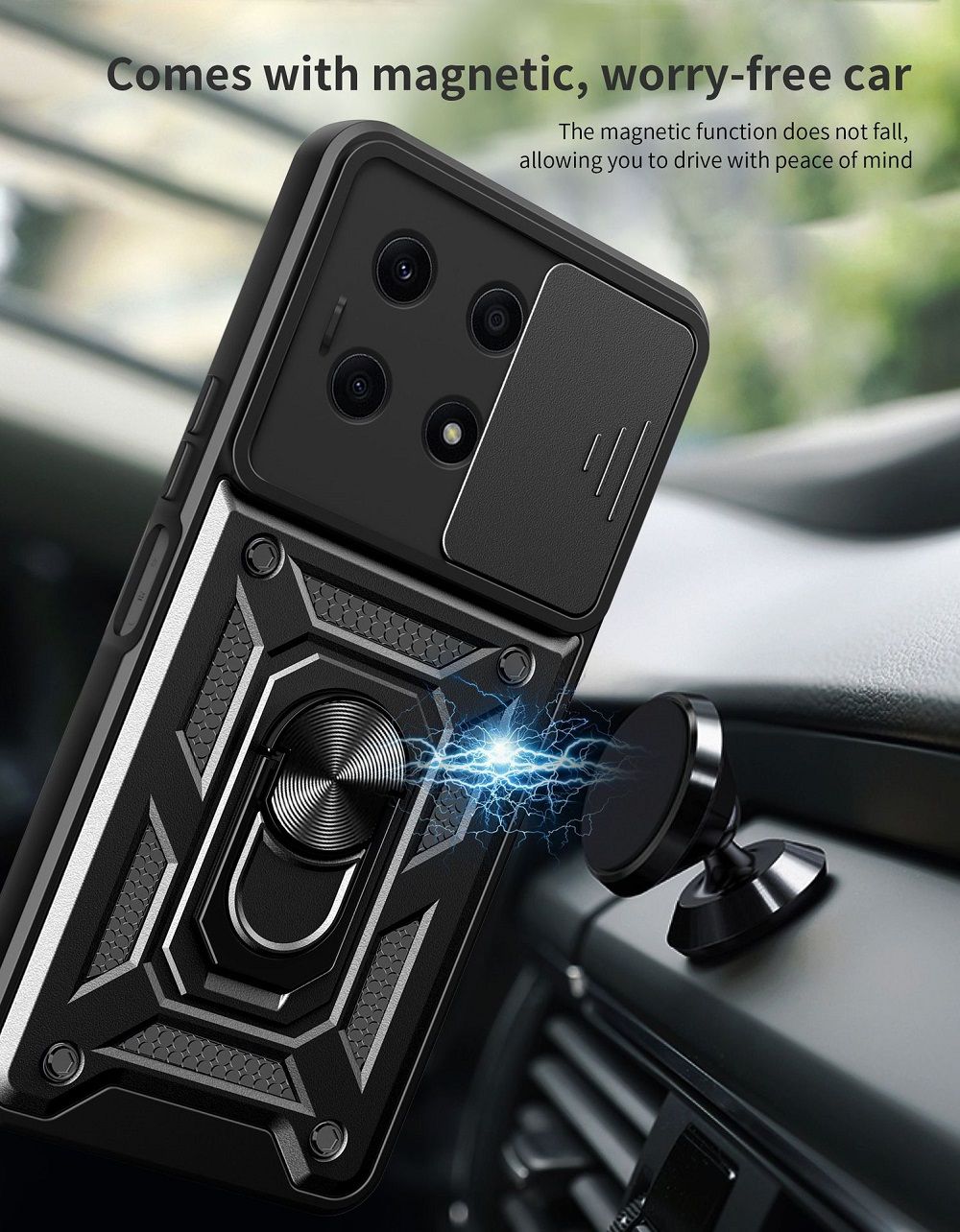 Xiaomi Redmi Note 13 5G, Phone Case with Sliding Camera Cover,Heavy Duty Rugged Military Grade Shockproof Built-in 360° Magnetic Stand Holder
