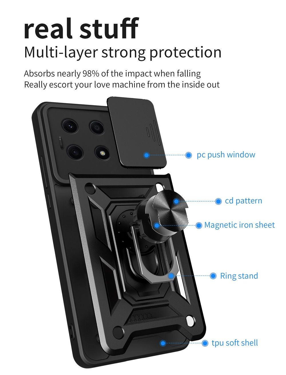 Xiaomi Redmi Note 13 5G, Phone Case with Sliding Camera Cover,Heavy Duty Rugged Military Grade Shockproof Built-in 360° Magnetic Stand Holder