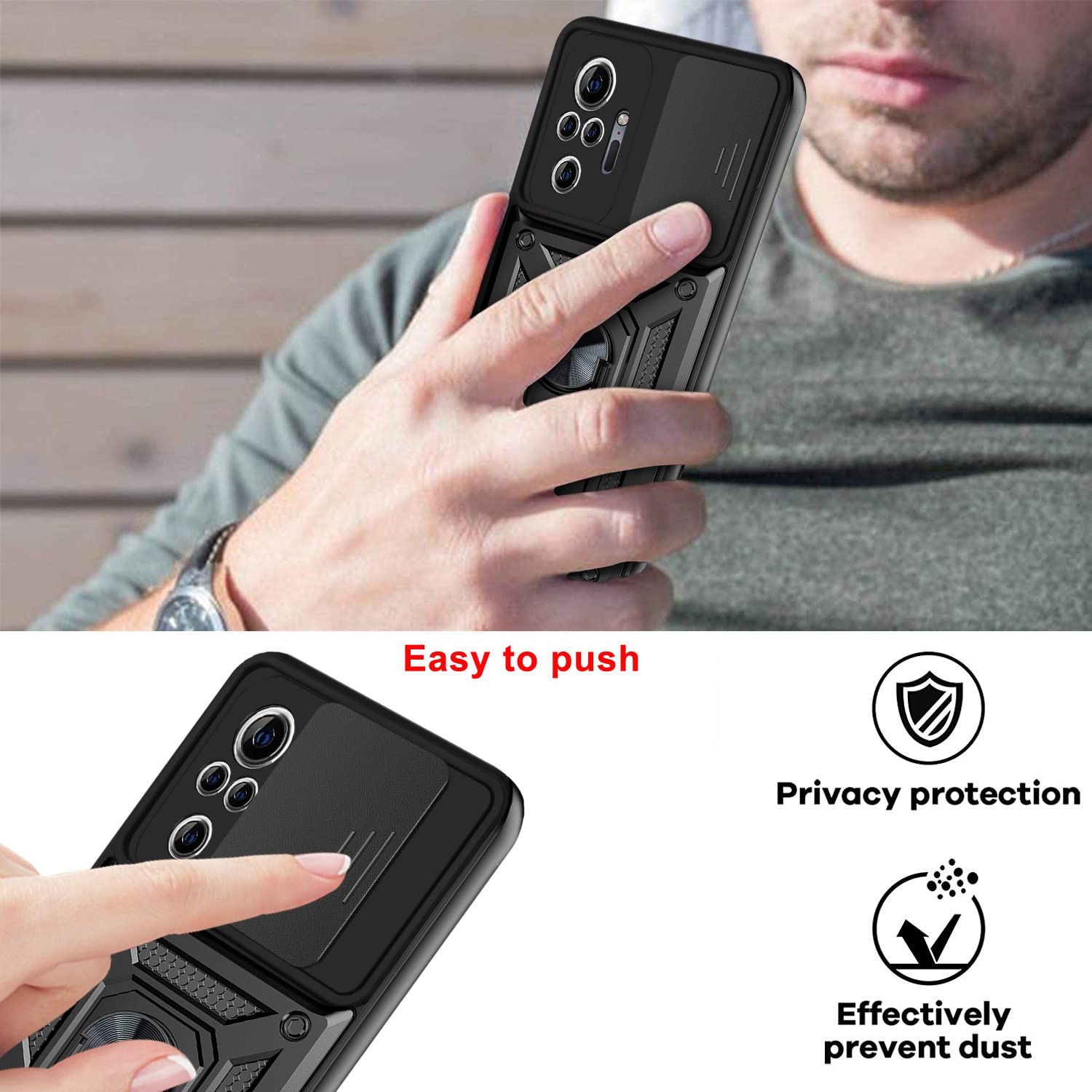Xiaomi Redmi Note 10 Pro 6.67"/10 Pro Max Phone Case with Sliding Camera Cover,Heavy Duty Rugged Military Grade Shockproof Built-in 360° Magnetic Stand Holder