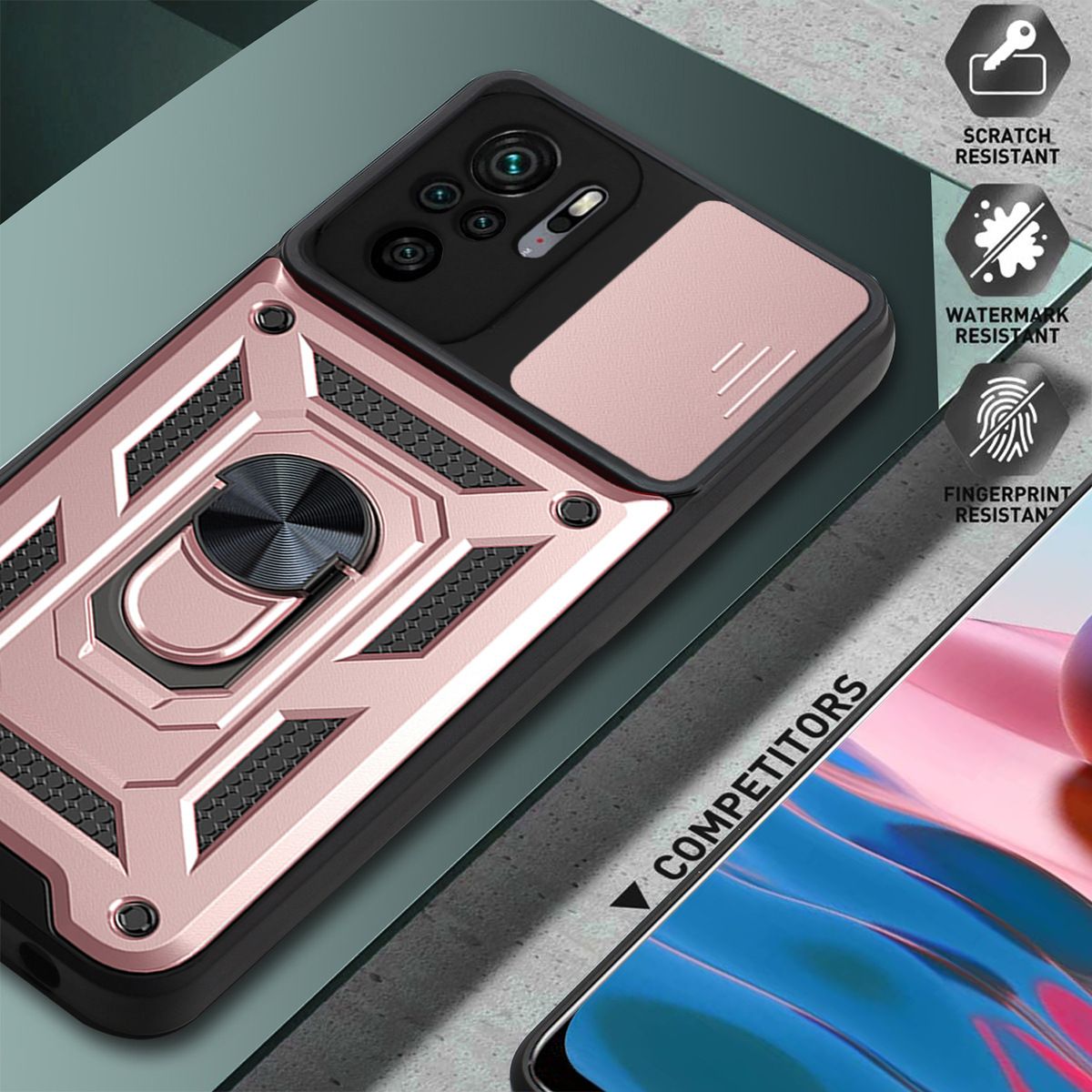 Xiaomi Redmi Note 10 6.43" /Note 10S 6.43" Phone Case with Sliding Camera Cover,Heavy Duty Rugged Military Grade Shockproof Built-in 360° Magnetic Stand Holder