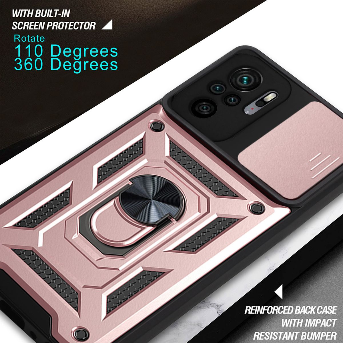 Xiaomi Redmi Note 10 6.43" /Note 10S 6.43" Phone Case with Sliding Camera Cover,Heavy Duty Rugged Military Grade Shockproof Built-in 360° Magnetic Stand Holder