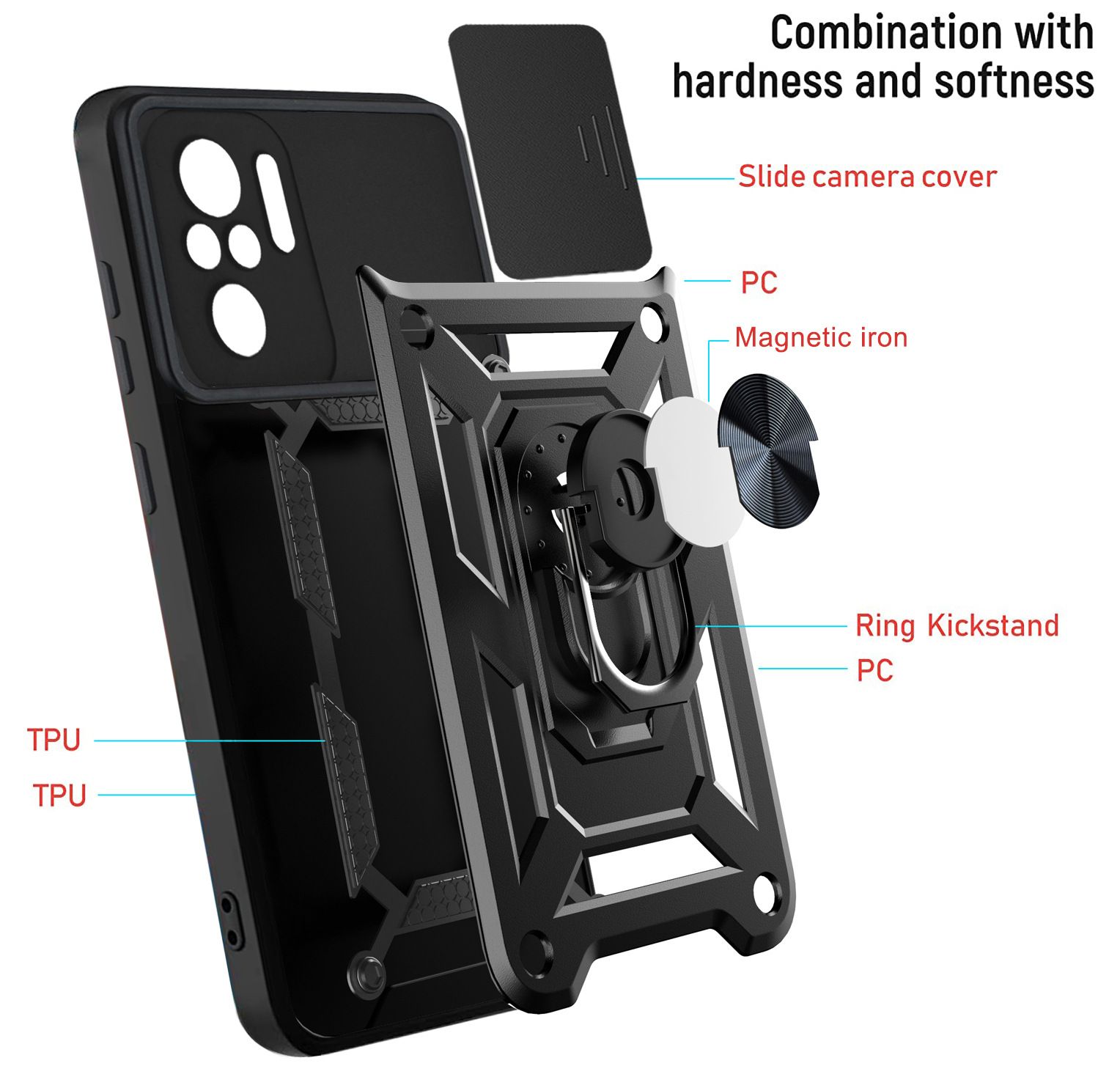 Xiaomi Redmi Note 10 6.43" /Note 10S 6.43" Phone Case with Sliding Camera Cover,Heavy Duty Rugged Military Grade Shockproof Built-in 360° Magnetic Stand Holder