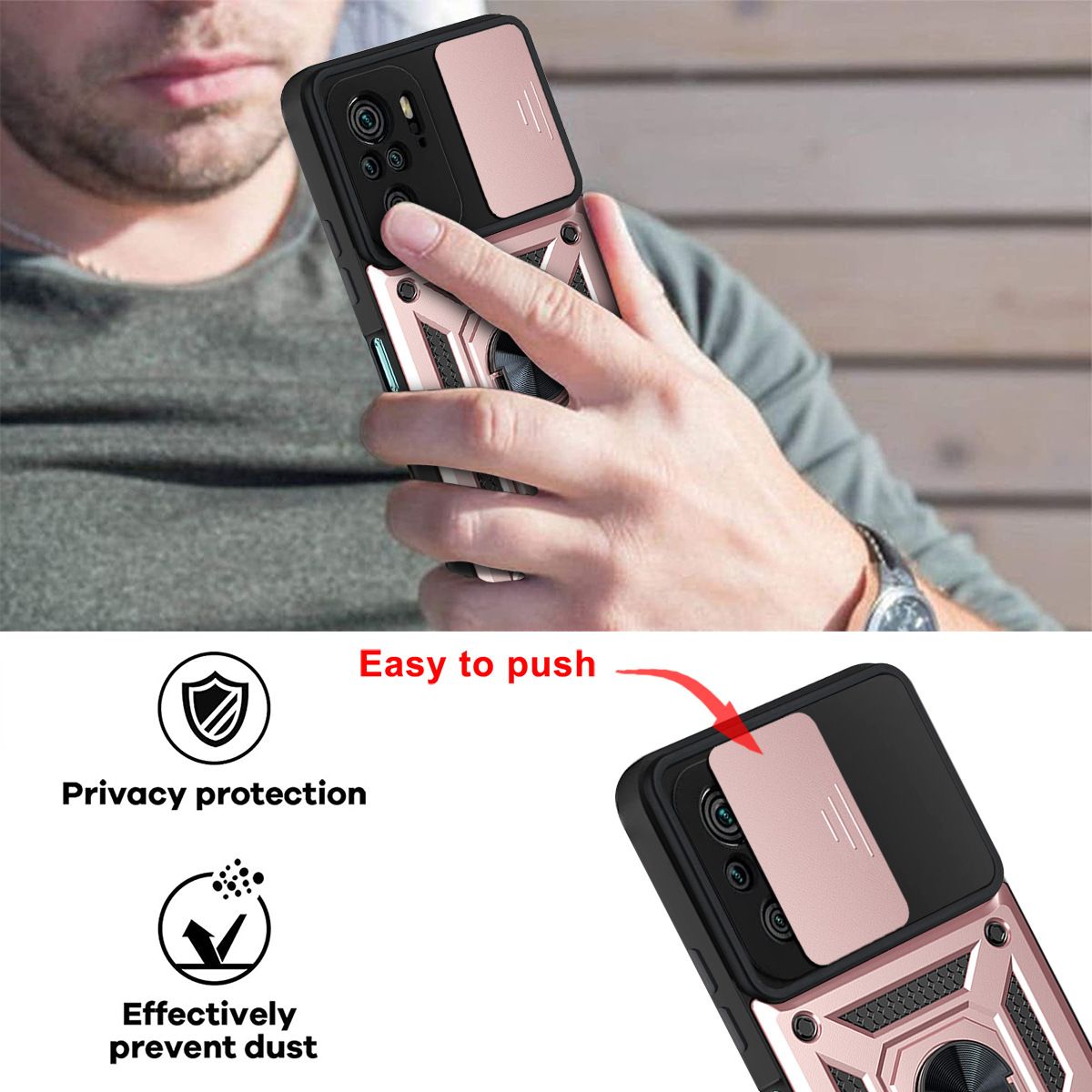 Xiaomi Redmi Note 10 6.43" /Note 10S 6.43" Phone Case with Sliding Camera Cover,Heavy Duty Rugged Military Grade Shockproof Built-in 360° Magnetic Stand Holder