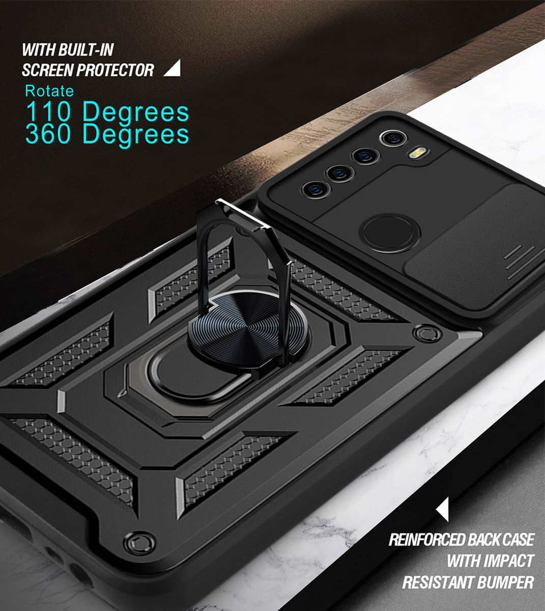 Xiaomi Redmi Note 8 Phone Case with Sliding Camera Cover,Heavy Duty Rugged Military Grade Shockproof Built-in 360° Magnetic Stand Holder