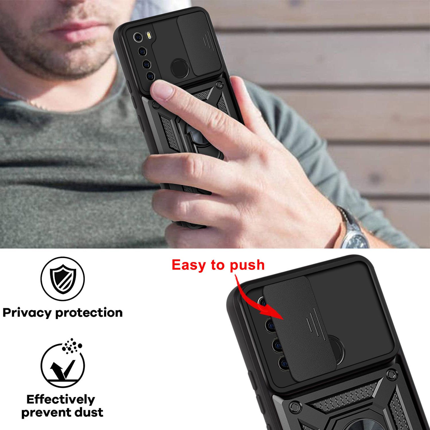 Xiaomi Redmi Note 8 Phone Case with Sliding Camera Cover,Heavy Duty Rugged Military Grade Shockproof Built-in 360° Magnetic Stand Holder