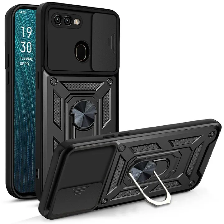 OPPO A7/A5S/A12 Phone Case with Sliding Camera Cover,Heavy Duty Rugged Military Grade Shockproof Built-in 360° Magnetic Stand Holder