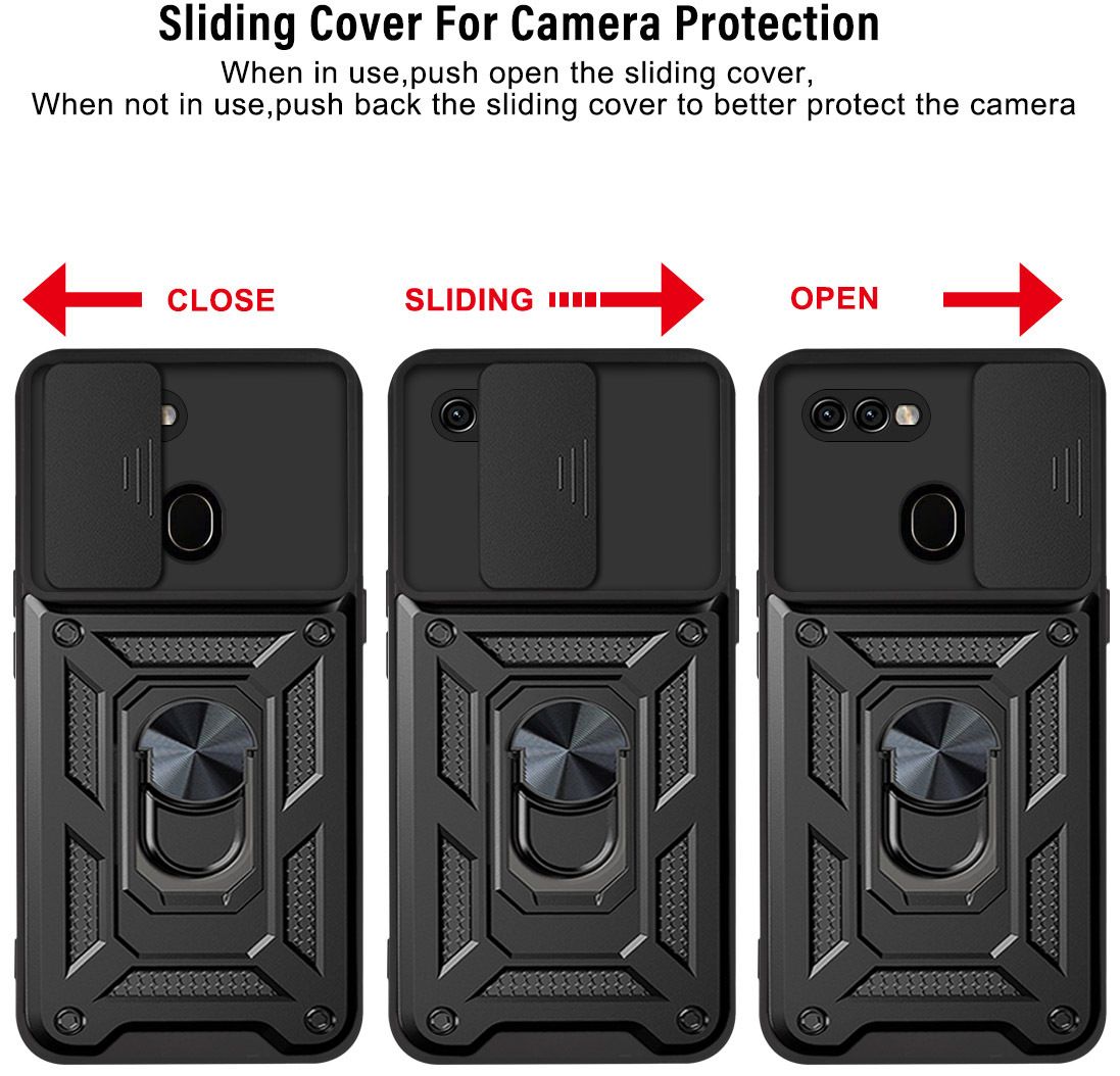 OPPO A7/A5S/A12 Phone Case with Sliding Camera Cover,Heavy Duty Rugged Military Grade Shockproof Built-in 360° Magnetic Stand Holder