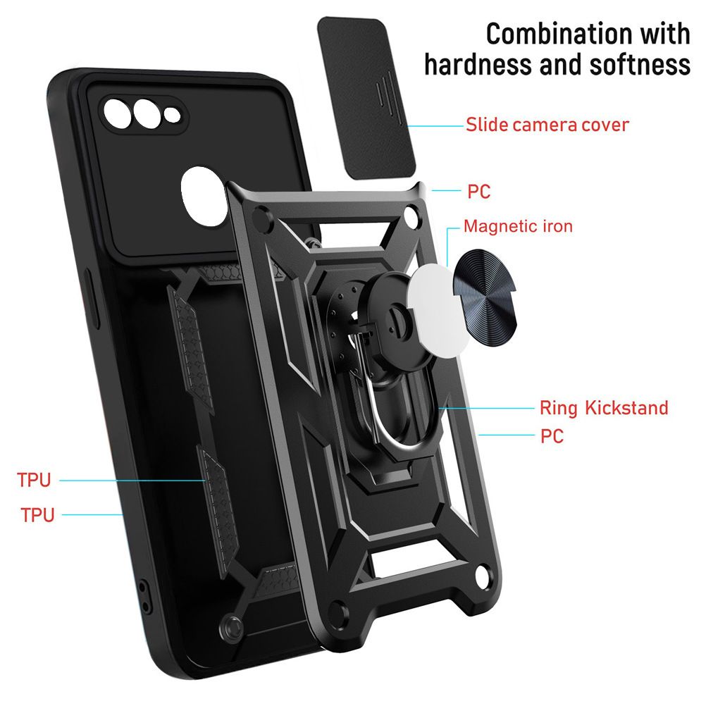 OPPO A7/A5S/A12 Phone Case with Sliding Camera Cover,Heavy Duty Rugged Military Grade Shockproof Built-in 360° Magnetic Stand Holder