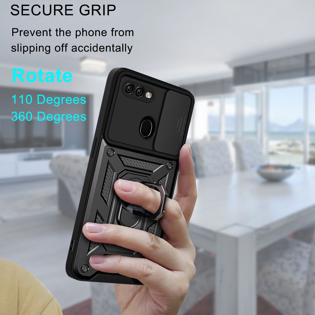 OPPO A7/A5S/A12 Phone Case with Sliding Camera Cover,Heavy Duty Rugged Military Grade Shockproof Built-in 360° Magnetic Stand Holder