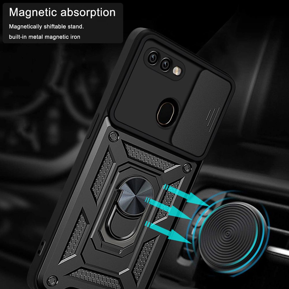 OPPO A7/A5S/A12 Phone Case with Sliding Camera Cover,Heavy Duty Rugged Military Grade Shockproof Built-in 360° Magnetic Stand Holder