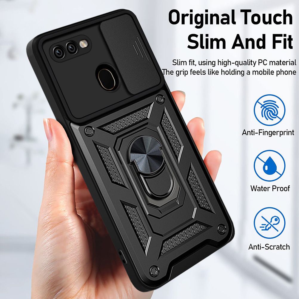 OPPO A7/A5S/A12 Phone Case with Sliding Camera Cover,Heavy Duty Rugged Military Grade Shockproof Built-in 360° Magnetic Stand Holder