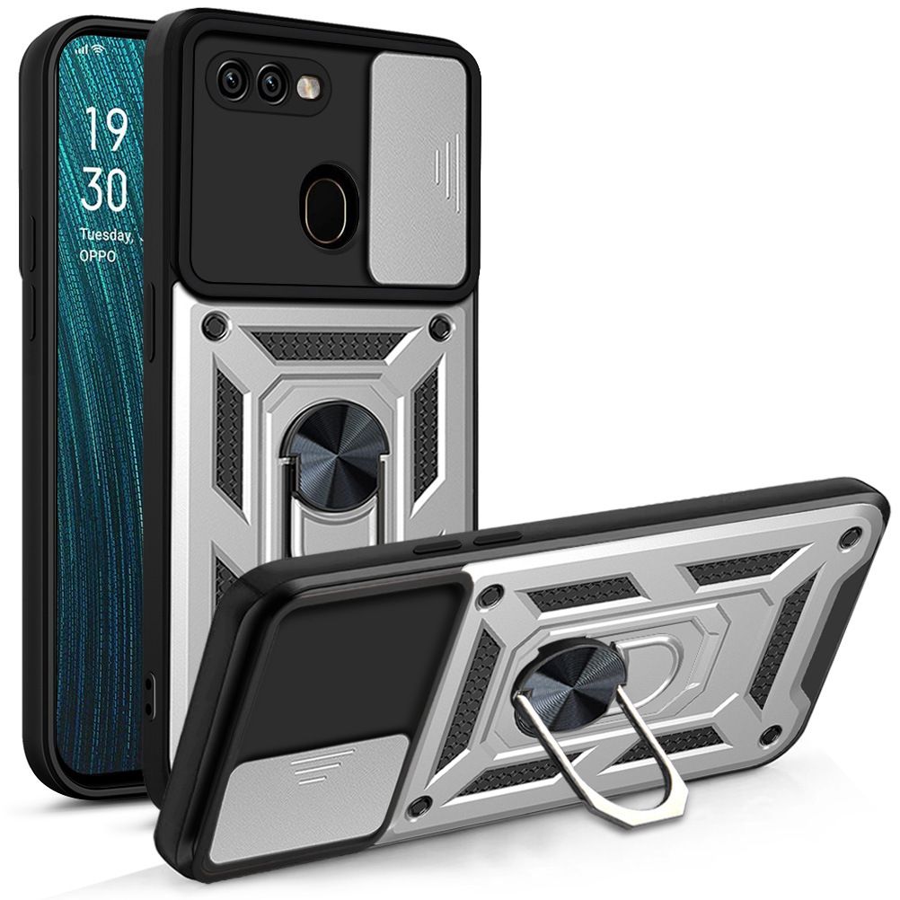 OPPO A7/A5S/A12 Phone Case with Sliding Camera Cover,Heavy Duty Rugged Military Grade Shockproof Built-in 360° Magnetic Stand Holder
