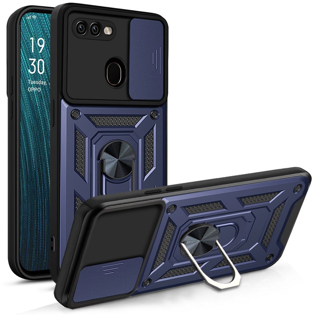 OPPO A7/A5S/A12 Phone Case with Sliding Camera Cover,Heavy Duty Rugged Military Grade Shockproof Built-in 360° Magnetic Stand Holder