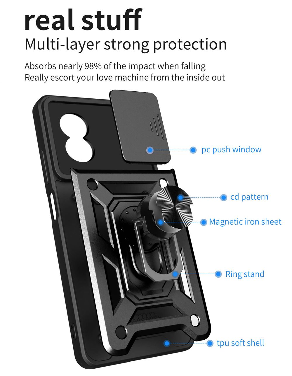 OPPO A17 Phone Case with Sliding Camera Cover,Heavy Duty Rugged Military Grade Shockproof Built-in 360° Magnetic Stand Holder