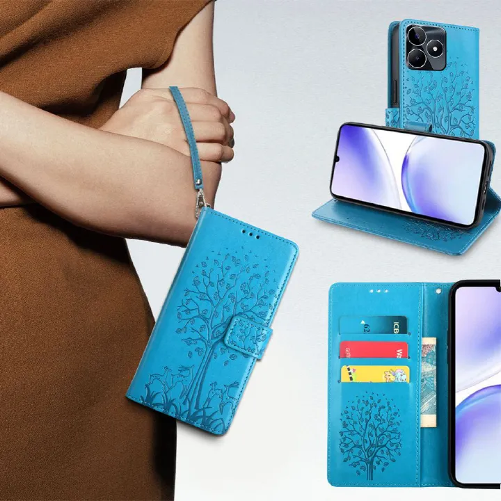 PU Leather Case for OPPO Realme Note 50/ Realme C53 / Realme C51/ Realme Narzo N53 Card Slots Magnetic Closure Shockproof Cover with Hand Strap