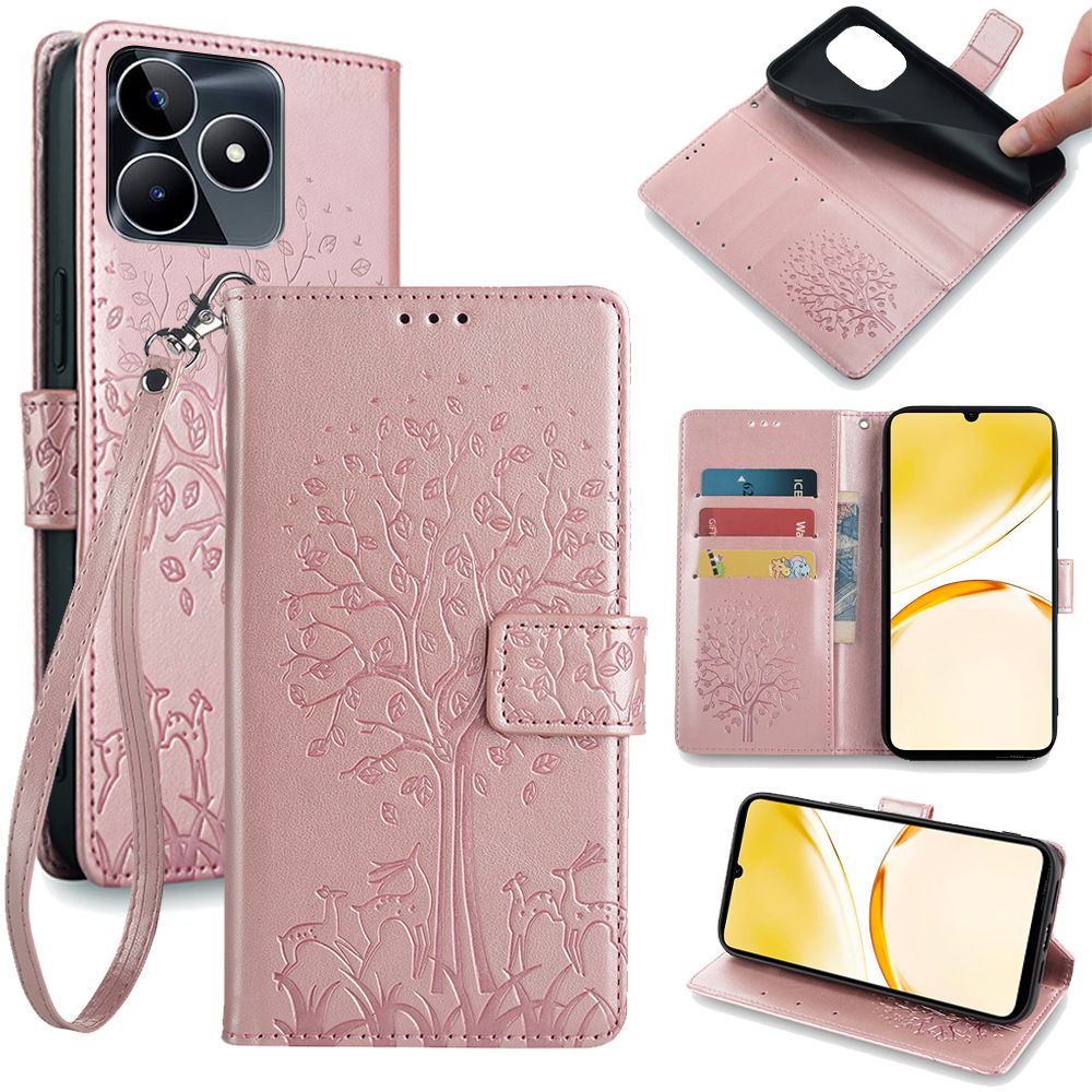 PU Leather Case for OPPO Realme Note 50/ Realme C53 / Realme C51/ Realme Narzo N53 Card Slots Magnetic Closure Shockproof Cover with Hand Strap