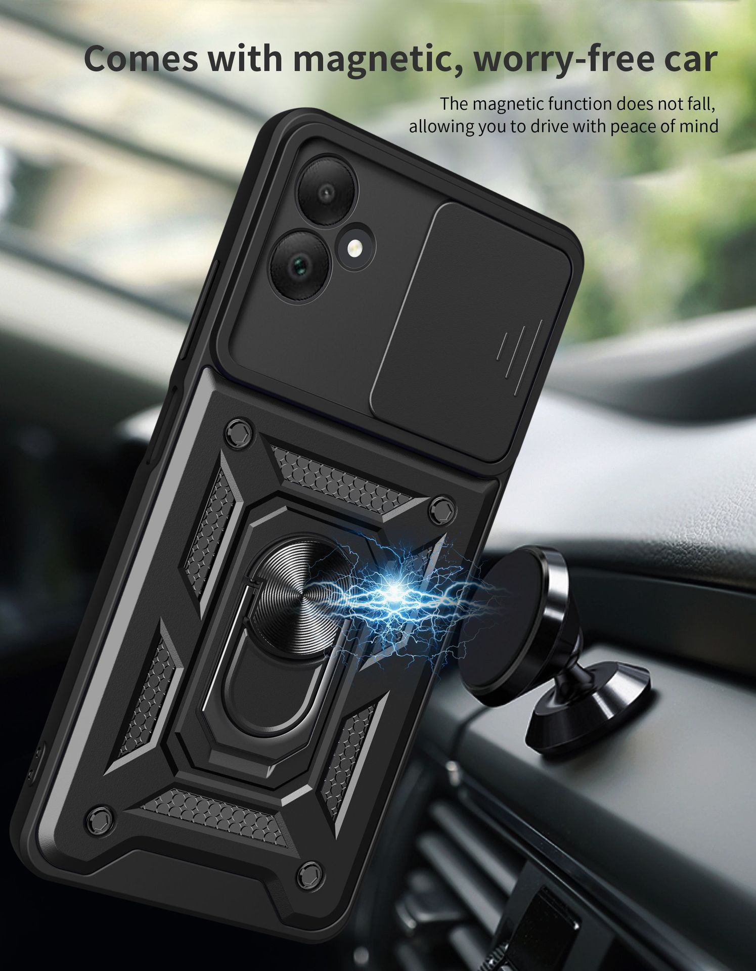 Samsung Galaxy A05 6.7" Phone Case with Sliding Camera Cover,Heavy Duty Rugged Military Grade Shockproof Built-in 360° Magnetic Stand Holder