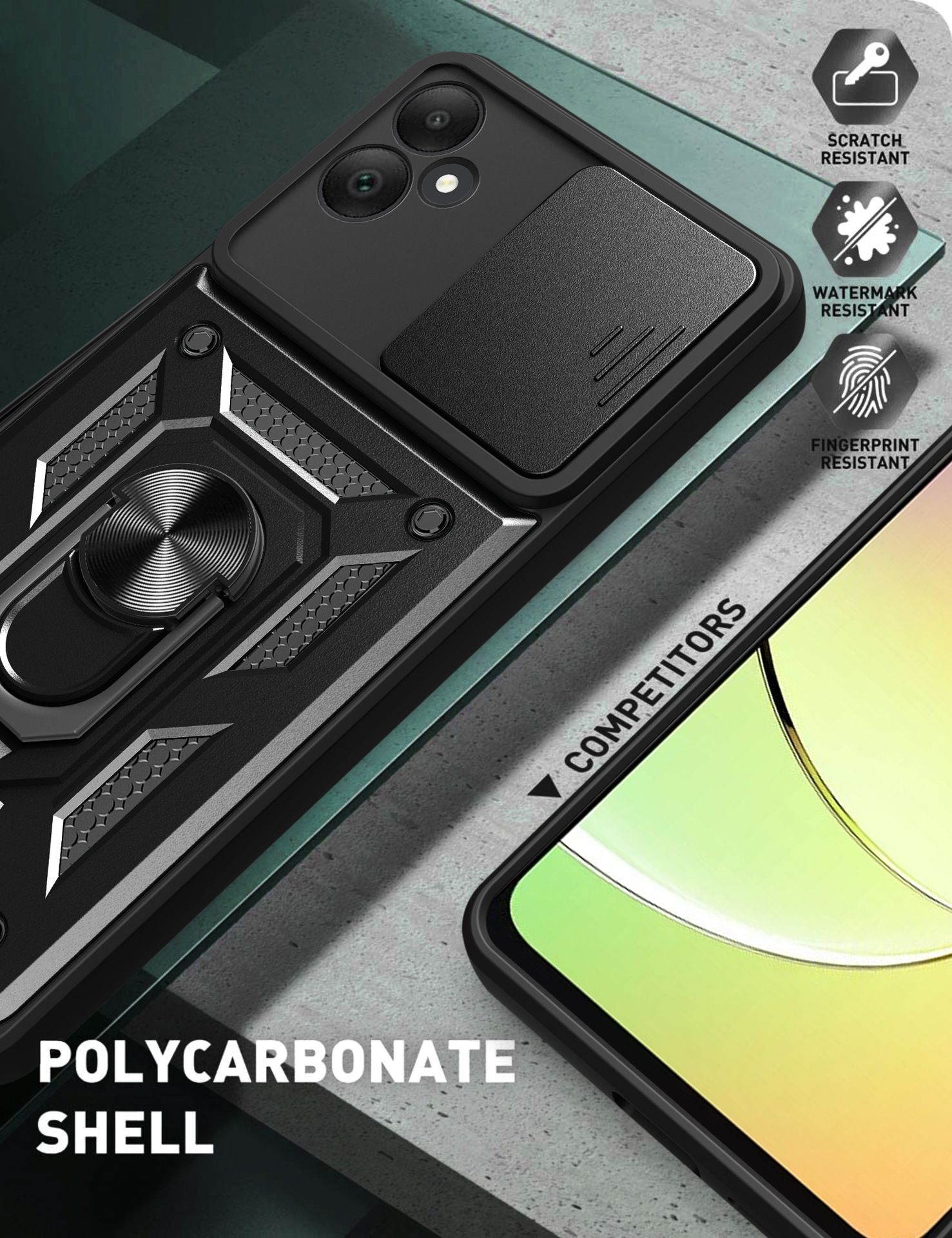 Samsung Galaxy A05 6.7" Phone Case with Sliding Camera Cover,Heavy Duty Rugged Military Grade Shockproof Built-in 360° Magnetic Stand Holder