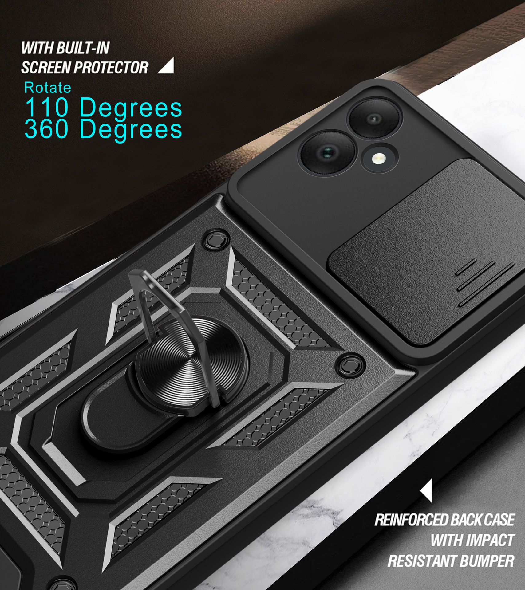 Samsung Galaxy A05 6.7" Phone Case with Sliding Camera Cover,Heavy Duty Rugged Military Grade Shockproof Built-in 360° Magnetic Stand Holder