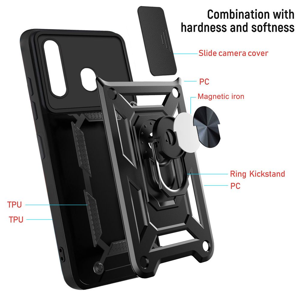 Samsung Galaxy A30/A20 Phone Case with Sliding Camera Cover,Heavy Duty Rugged Military Grade Shockproof Built-in 360° Magnetic Stand Holder