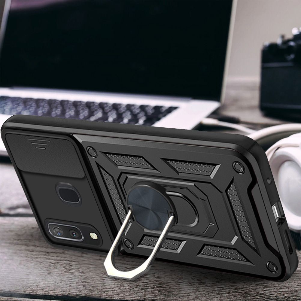 Samsung Galaxy A30/A20 Phone Case with Sliding Camera Cover,Heavy Duty Rugged Military Grade Shockproof Built-in 360° Magnetic Stand Holder