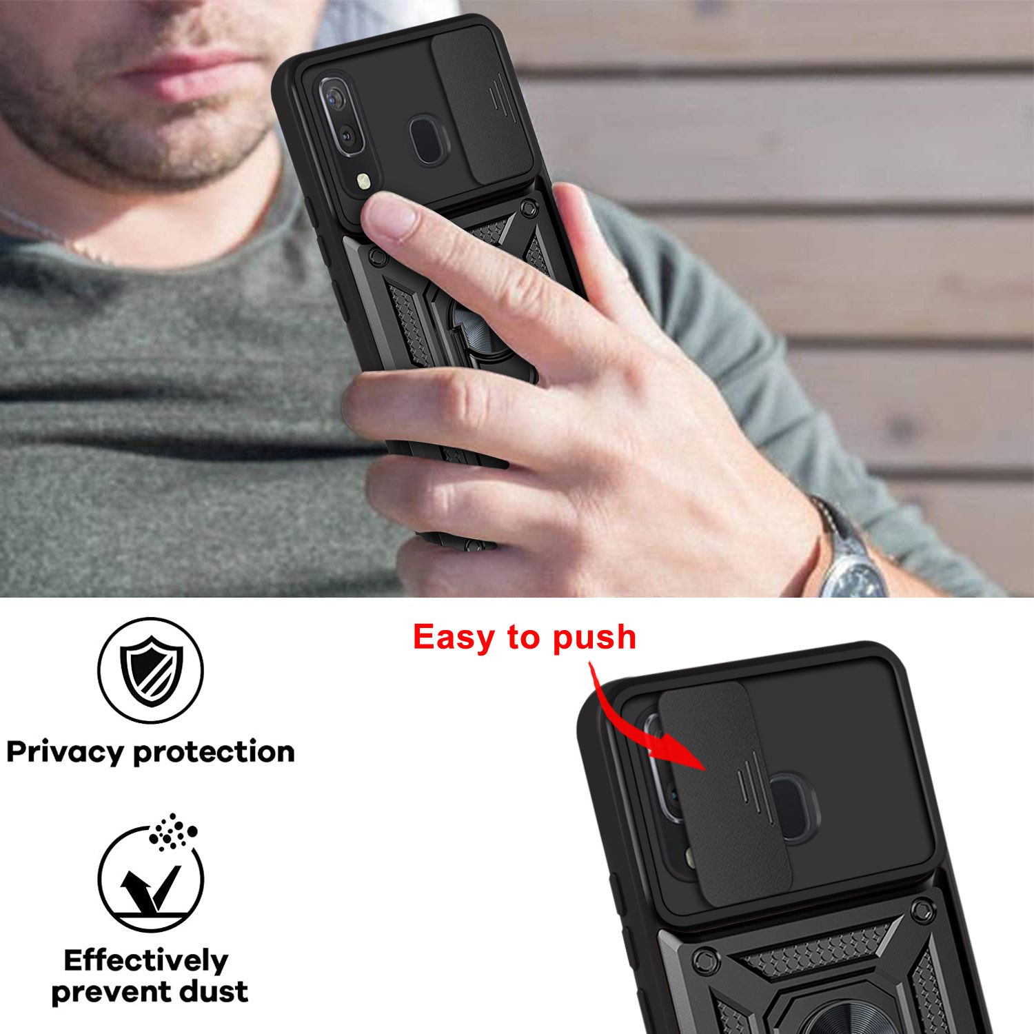 Samsung Galaxy A30/A20 Phone Case with Sliding Camera Cover,Heavy Duty Rugged Military Grade Shockproof Built-in 360° Magnetic Stand Holder