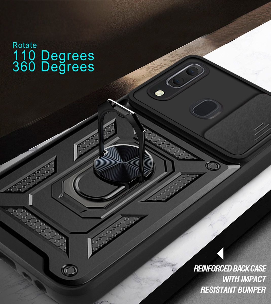 Samsung Galaxy A30/A20 Phone Case with Sliding Camera Cover,Heavy Duty Rugged Military Grade Shockproof Built-in 360° Magnetic Stand Holder