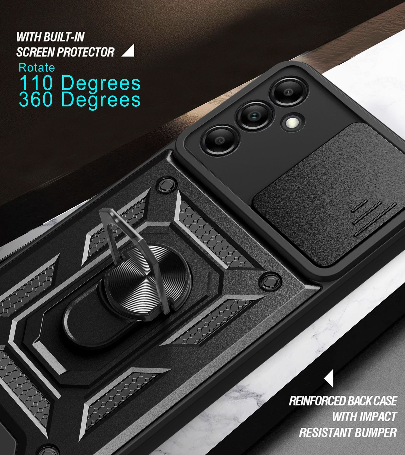 Samsung Galaxy A15 5G/4G Phone Case with Sliding Camera Cover,Heavy Duty Rugged Military Grade Shockproof Built-in 360° Magnetic Stand Holder