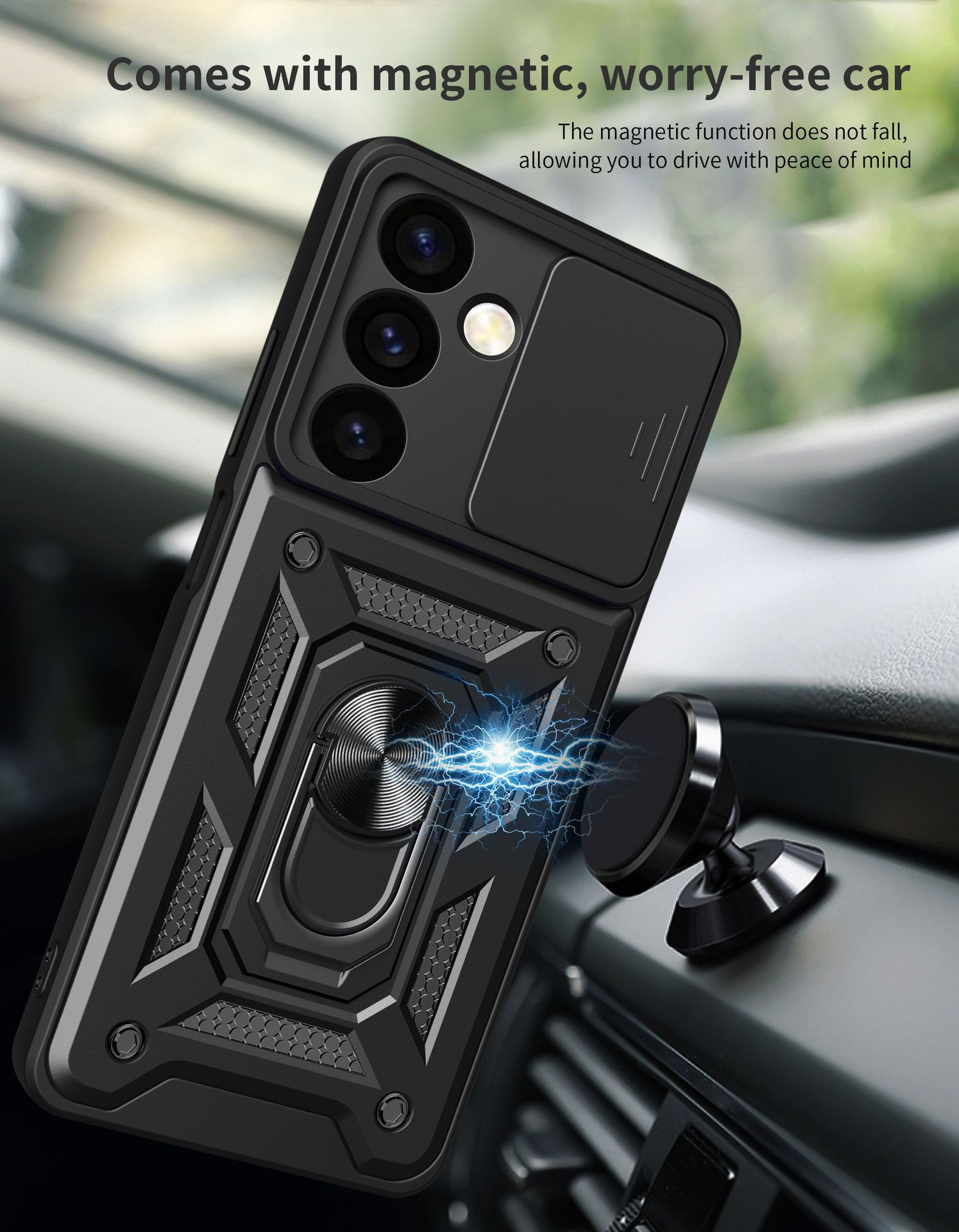 Samsung Galaxy S24 Phone Case with Sliding Camera Cover,Heavy Duty Rugged Military Grade Shockproof Built-in 360° Magnetic Stand Holder